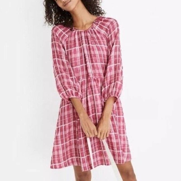 Madewell Dresses & Skirts - Madewell Dress Womens Extra Small Pink Plaid Shirred Babydoll Mini Long Sleeve